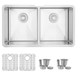 STYLISH Undermount 32 Inch Stainless Steel 16 G Double Bowl Kitchen Sink With Grids S-301Xg
