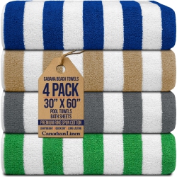CANADIAN LINEN Cabana Stripe Beach Towels Set, 4 Pack, 30"x60" Lightweight Soft Absorbent Quick Dry Cotton Large Pool Towels for Hospitality