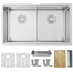 STYLISH Undermount Workstation 32" Double Bowl 16 Gauge Stainless Steel Kitchen Sink With Built-In Accessories, S-601W