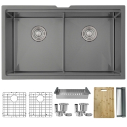 STYLISH Undermount Workstation 32" Graphite Double Bowl 16 Gauge Stainless Steel Kitchen Sink With Built-In Accessories, S-601Wn In Black