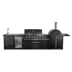 FORNO All'aperto Outdoor Kitchen Set With 87, 600 Btu Bbq, Sink & Bar Module, Gas Pizza Oven Sintered Stone Countertops In In Black