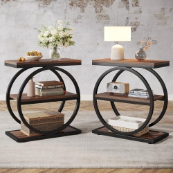 TRIBESIGNS End Table Set Of 2, Narrow End Table With 3 Storage Shelves, Wood Side Table With Metal Frames In Black