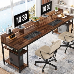 TRIBESIGNS Two Person Desk With Monitor Stand, 78.74" Long Double Computer Office Desk With Storage Shelves