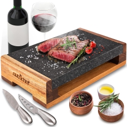 NUTRICHEF Lava Stone Grill Sizzling Plate for Grilled Meat Food Presentation, Rock Platter Set \w Stainless Steel Knives, Thick And Rugged, Stain