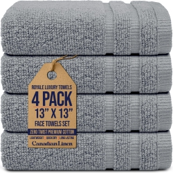 CANADIAN LINEN Royale Face Towels Set, 13"x13", 4 Pack, Soft Absorbent Cotton Lightweight Quick Dry Washcloths for Hotels Motels Spa Salon, Light