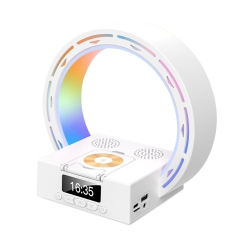 MYACUC 4 In 1 Bedside Lamp With Bluetooth Speaker, Wireless Charging Alarm Clock Wake-Up Light for Bedroom（White）