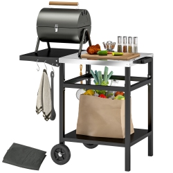 OUTSUNNY Outdoor Grill Dining Cart \w Stainless Steel Top And Foldable Side Table, Bbq Movable Pizza Oven Stand Food Prep Table Trolley \w Hooks