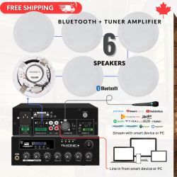 TEXONIC 70V Commercial Background Music System | 6X Trim-Less In-Ceiling Speakers & 60W Mixer Amplifier With Fm Radio, Bluetooth & Mp3