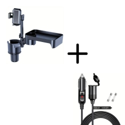 4-in-1 Adjustable Car Food Tray with Cup & Phone Holder, 360° Rotation, Cigarette Lighter Extension Cord for Car