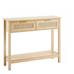 VEVOR Rattan Console Table With 2 Storage Drawers, Rattan Entryway Table With Natural Rattan Sliding Door, Console Sofa Table Fay Or Tv Wall, Natural