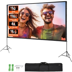 VEVOR Projector Screen With Stand, 150 Inch 16:9 4K 1080 HD Outdoor Movie Screen With Stand, Wrinkle-Free Projection Screen Me