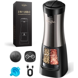 SANGCON 2-In-1 Electric Salt And Pepper Grinder Set Shaker, USB Rechargeable Dual Chamber Pepper Mill \w Dual Adjustable Coarseness, Led Light, And