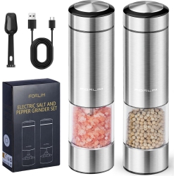 FORLIM Electric Salt And Pepper Grinder Set – USB Rechargeable With Led Light, Adjustable Coarseness, One-Handed Operation, Washable Silo In Silver
