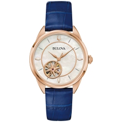 BULOVA Ladies Sutton Automatic Watch 34.5MM Rose Gold-Tone Stainless Steel Case Navy Leather Strap With Mother-Of-Pearl Dial (97L180) In White