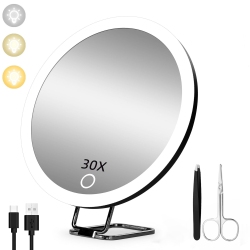 MYACUC 30X Magnifying Mirror \w Light, Large 6" Rechargeable Magnifying Makeup Mirror, Travel Mirror \w Stand, Magnifying Makeup Mirror 30X Magnification