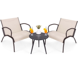 GYMAX 3 Piece Patio Chair Set W/ Curved Fabric Seat Round Coffee Table for Backyard