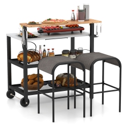 GYMAX Rolling Bar Cart W/ Flip-Up Table Hooks Paper Towel Holder 2 Bistro Stools