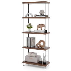 GYMAX 5-Tier Multipurpose Display Rack Freestanding Bookshelf W/ Metal Frame Walnut