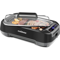 CUSIMAX Smokeless Indoor Grill, 1500W Electric Korean Bbq Grill With Led Display, Glass Lid, Non-Stick Plate & Smoke Extractor