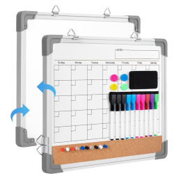 PRIME MADE Monthly Calendar Board Dry Erase Cork Board Combination for Wall, 17"x13" Double-Sided Magnetic Dry Erase Board, Portable Calendar