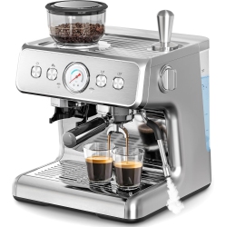 KISMILE Espresso Machines With Grinder, 20 Bar Professional Espresso Maker With Milk Frother Steam Wand & Removable Water Tank - Stainless Steel