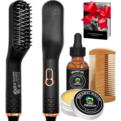 Beard Straightener w/Beard Balm & Beard Growth Oil & Beard Guide E-Book, Upgraded 3 in 1 Hair Straightener Brush Beard Straightening Comb, Unique Stocking Stuffers Gifts for Men Him