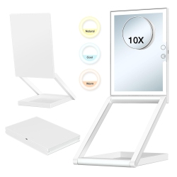 MYACUC Travel Makeup Mirror \w Lights 3 Color Led, 10X Magnifying, Adjustable Height 360 Rotation, Compact Folding Touch Screen Smart Cosmetic Mirror