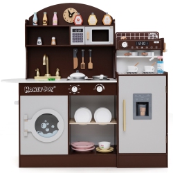 COSTWAY Honeyjoy Kids Kitchen Set Wooden Kitchen Playset With Clock, Microwave, Sink, Dish Rack
