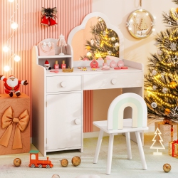 COSTWAY Kids Vanity Table And Chair Set With Cloud-Shaped Mirror Open Shelf Storage Drawers