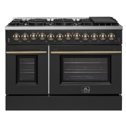 FORNO Galiano 48-Inch Dual Fuel Range & Antique Brass Design With 8 Sealed Burners 107, 000 Btu, 6.58 Cu. Ft. Double Ovens & Griddle In Black