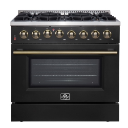 FORNO Galiano 36-Inch Dual Fuel Range In & Antique Brass Design, 6 Sealed Burners 83, 000 Btu, 5.36 Cu.ft. True Convection Oven In Black