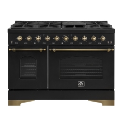 FORNO Antico 48-Inch Dual Fuel Range With Antique Brass Finish, 8 Burners, 94, 000 Btu, 5.5 Cu.ft. Double Ovens & Griddle In Black