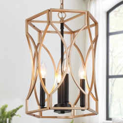 UOLFIN Modern Gold Drum Pendant Light, 4-Light Classic Vintage Cage Candlestick Chandelier Hanging Pendant Light In Black