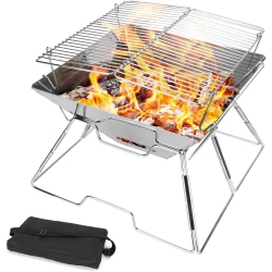 PETGINHOME Collapsible Campfire Grill Camping Fire Pit, 304 Stainless Steel Grill Gate, Portable Camping Grill \w Carrying Bag for Outdoor