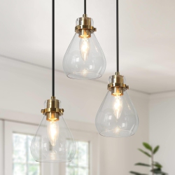 UOLFIN Modern And Brass Chandelier 3-Light Height Adjustable Ceiling Light With Teardrop Clear Glass Shades In Black