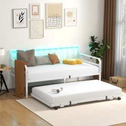 COSTWAY Twin Size Daybed With Pop-Up Trundle Charging Station & Led Lights for Living Room