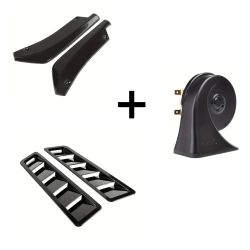 Universal Car Rear Bumper Diffuser, 12V Loud Snail Horn Kit, 2pcs Hood Intake Louver Vents