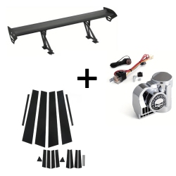 43.3" Adjustable Aluminum Rear Spoiler, 12V Super Loud Air Horn Kit with Compressor, 6pcs Gloss Pillar Post Decal Trim for Side Door Windows in Black