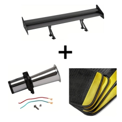 53" Adjustable Aluminum Racing Spoiler, 12V OOGA Antique Chrome Horn, Universal Fit Colorful Floor Mats Set