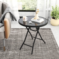 COSTWAY 18" Folding Side Table Round Compact Coffee Table With Tempered Glass Tabletop