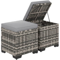 OUTSUNNY Set Of 2 Wicker Ottoman, Outdoor Footstool With Storage & Removable Cushions, Patio Ottoman Set for Poolside, Patio, Deck In Grey