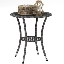 OUTSUNNY 25" Outdoor Wicker Dining Table, Rattan Patio Round Coffee Table \w 2-Tier Storage Shelf, Metal Frame Side Table \w Tempered Glass Top