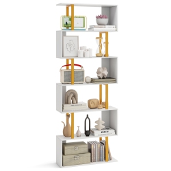 GYMAX 6-Tier Geometric Bookcase 74.5-Inch S-Shaped Bookshelf W/ Metal Frame In Gold