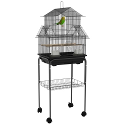 PAWHUT 48" Bird Cage for Finches, Canaries, Budgies, Indoor Parrot Cage \w Perch, Swing, Food Container, Slide-Out Tray, Handle, Stand, Bottom Shelf