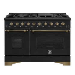 FORNO Antico 48-Inch Freestanding Gas Range, Black, Antique Brass Design, 8 Burners, Griddle, Double Ovens, Energy Efficient