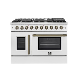 FORNO Galiano 48-Inch Freestanding French Door Gas Range & Antique Brass In White