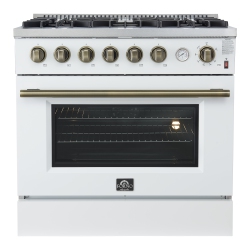 FORNO Marco 36-Inch Gas Range & Antique Brass Design, 6 Burners 67, 000 Btu, 5.36 Cu.ft. Convection Oven In White