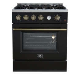 FORNO Marco 30-Inch Gas Range & Antique Brass Design, 4 Burners 37, 000 Btu, 4.32 Cu.ft. Convection Oven In Black