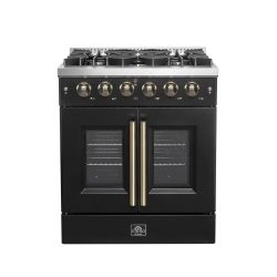 FORNO Galiano 30-Inch French Door Gas Range And Antique Brass Design, 5 Sealed Burners 68, 000 Btu, 4.32 Cu.ft. Convection Oven In Black