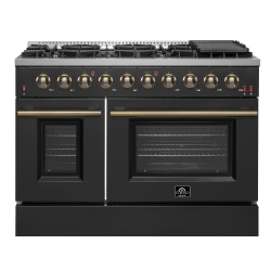 FORNO Galiano 48-Inch Gas Range & Antique Brass Design, 8 Burners, 107, 000 Btu, Griddle, 6.58 Cu.ft. Double Ovens In Black